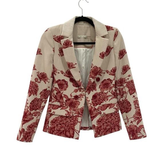 Alice + Olivia Mya Notch Collar Fitted Blazer Off White Multi Red Floral Size 2 - Picture 4 of 16